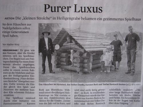 Blockhausbau für Kindergarten, Zeitungsartikel